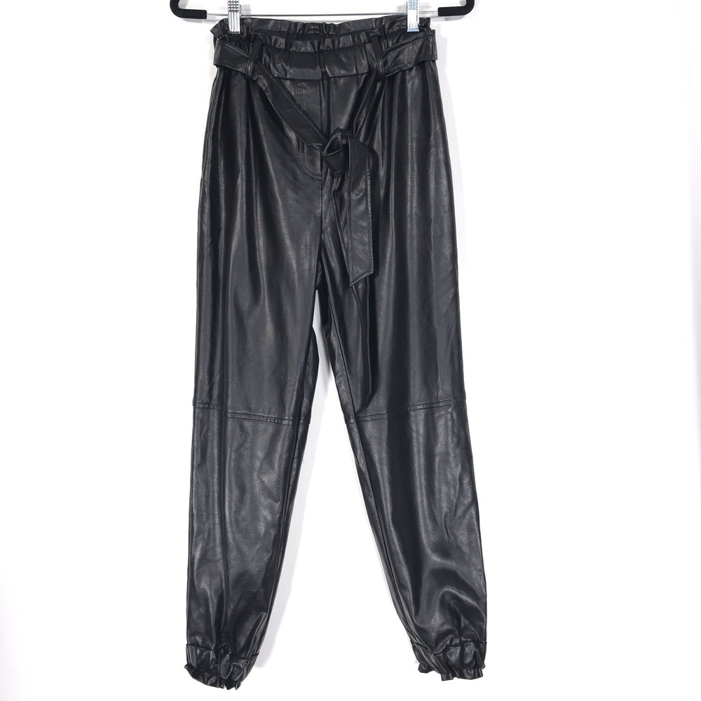 WAYF Women's Black Faux Leather Size XS Paperbag Belted Streetwear Pants Joggers